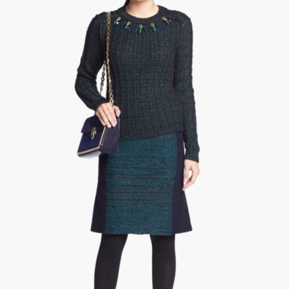 TORY BURCH ‘Keegan’ Navy Blue & Green Boucle Flared Hem Pencil Skirt NWT - Picture 8 of 8